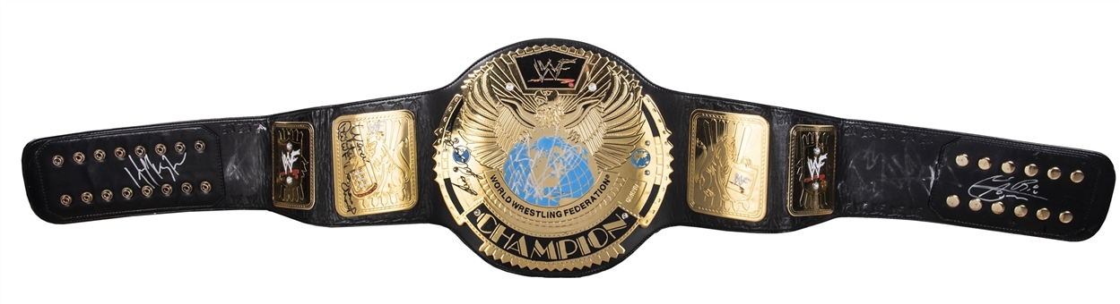 WWF World Heavy Weight Champion Belt Replica Signed By 29 Superstars Including Ultimate Warrior, Hulk Hogan, Rick Flair, Bruno Sammartino, Stone Cold Steve Austin, Triple H "HHH" and Others! (Beckett)